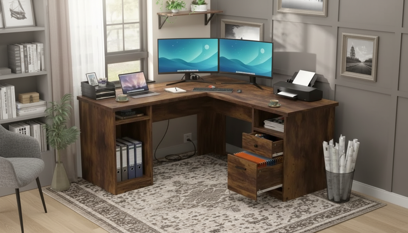 60-Inch L-Shaped Desk: Drawers + Power + USB Ports