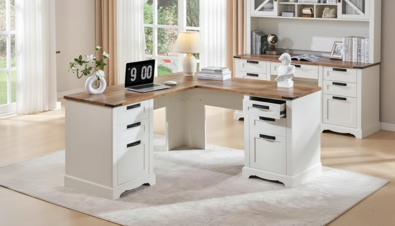 60-Inch L-Shaped Farmhouse Desk: Drawers + Charging