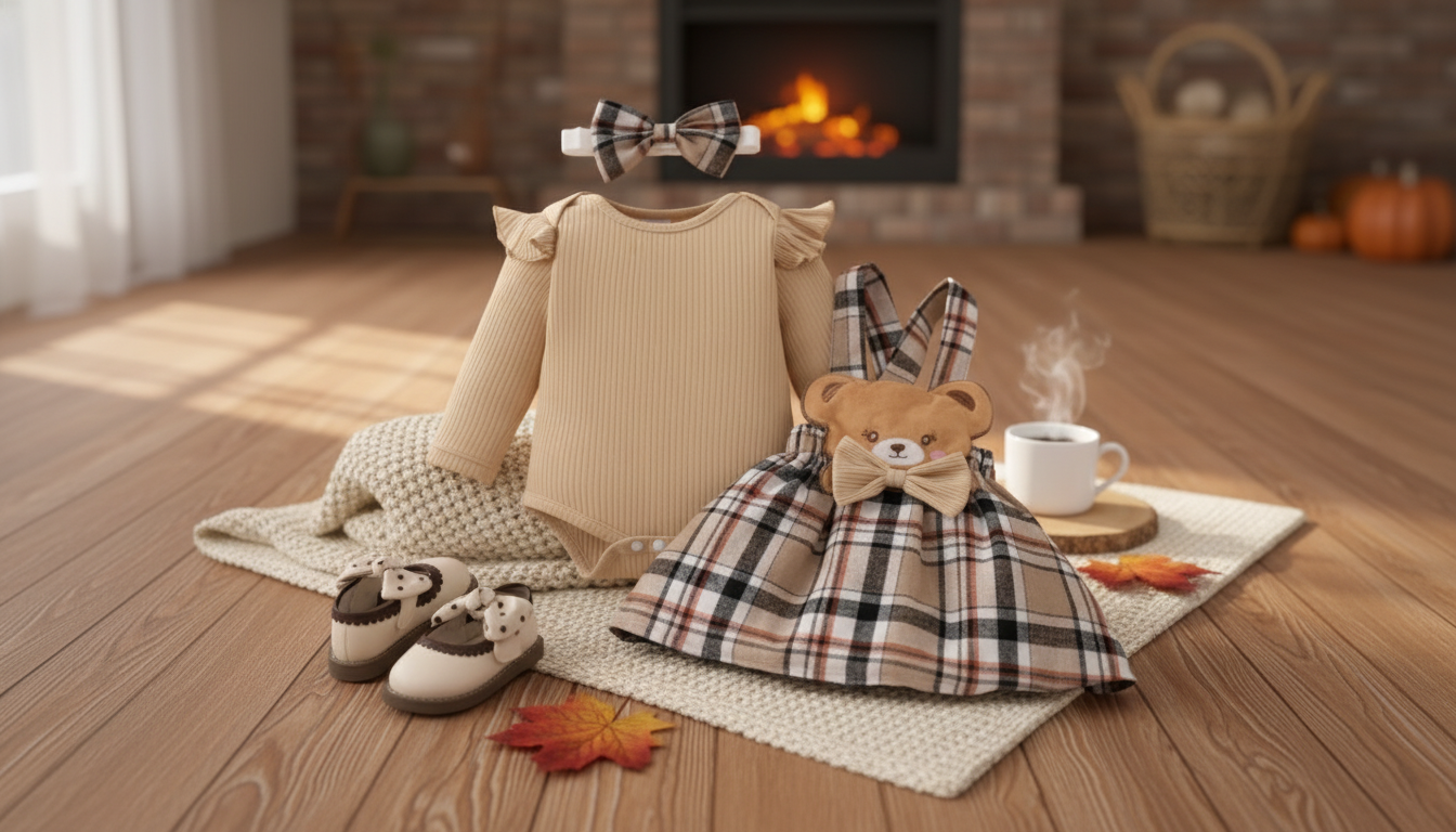 Cozy Fall Plaid Suspender Dress Set for Baby Girls