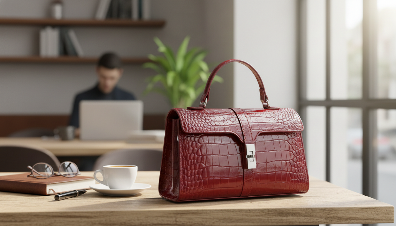 Glossy Croc-Print Leather Satchel With Lock Closure