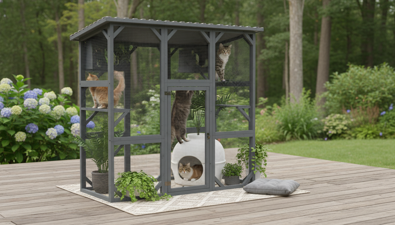 Wooden Outdoor Cat Enclosure: Roof, House & Platforms