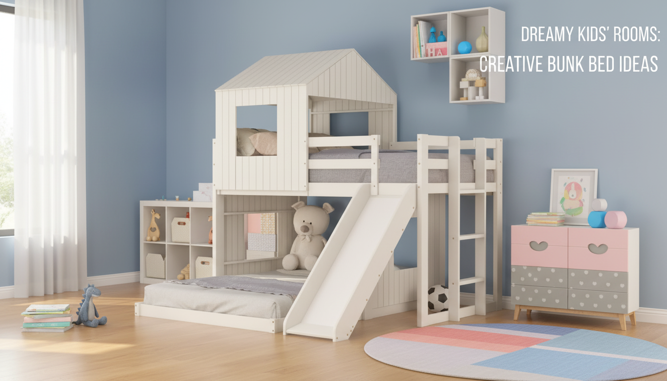 White Twin House Loft Bed with Slide & Roof Guide